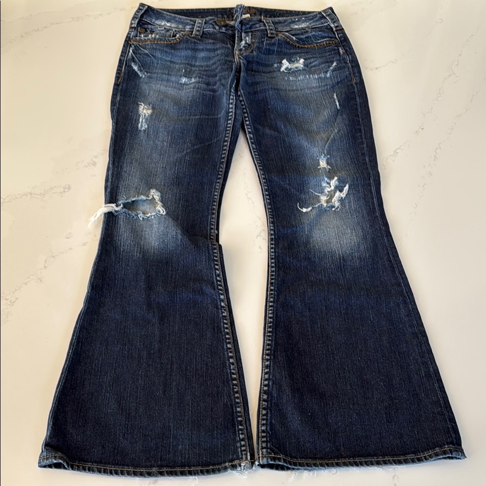 Silver Distressed Flare Jeans